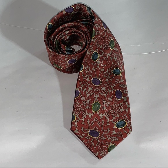 CHANEL wine red/gold silk NECKTIE cravat Gripoix cabochon pattern - Picture 10 of 10